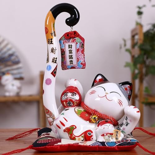 Ceramiczny kot szczęścia, Pudełko na monety z kotem z długim ogonem, dekoracja domu Feng Shui, ozdoby ślubne, wystrój Feng Shui, 8,6 cala