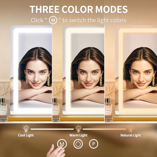 Image of ROLOVE Vanity Mirror with Lights, Lighted Vanity Mirror with Dimmable 3 Modes, LED Makeup Mirror, Touch Screen Control, for Makeup Desk, Dressing Room, Gold, 23x19 Inch