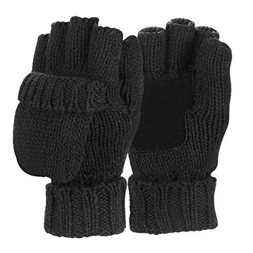 Sudawave Men's Knitted Wool Gloves with Leather Patch on Palm Micro Fleece Lined Warm Winter Gloves (Black)