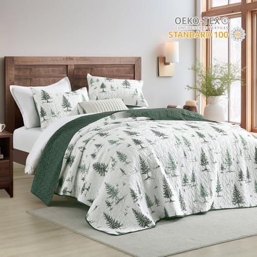 HORIMOTE HOME Green Quilt Set King Size 3 Pieces, Reversible Fine Printed Bedspreads with Forest Tree Pattern, Soft and Lightweight Bed Coverlet Bedding Sets for All Season by HORIMOTE HOME - Used condition - Image 2