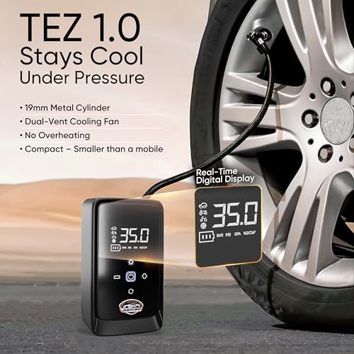 Image of PRIVON Portable Tyre Inflator for Car and Bike, Cycle | 4500mAh Cordless & 12V Car Socket Air Pump | 150 PSI Digital Display | LED Flashlight | Power Bank | Auto Shut Off | 18M Warranty (Tez 1.0)