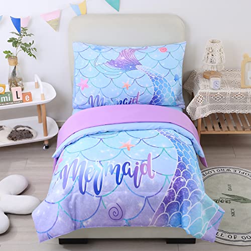 GIGBEI Toddler bed scales set, blue purple mermaid, bed in a bag, 2 to 6 years, girl bedding, adjustable, lightweight, durable, portable, user-friendly, compact, piece, girls