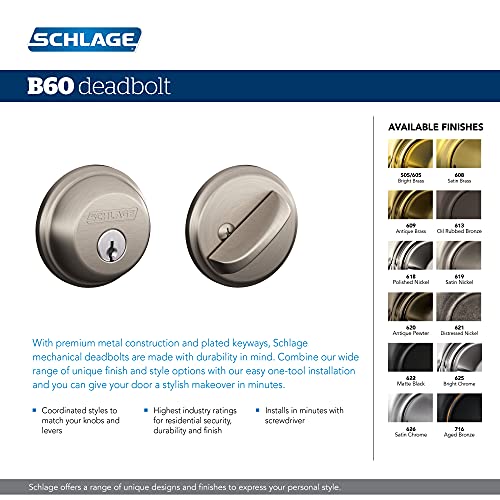 Schlage B60N622 B60 N 622 Deadbolt, Keyed 1 Side, Highest Residential Security, Matte Black thumb #2