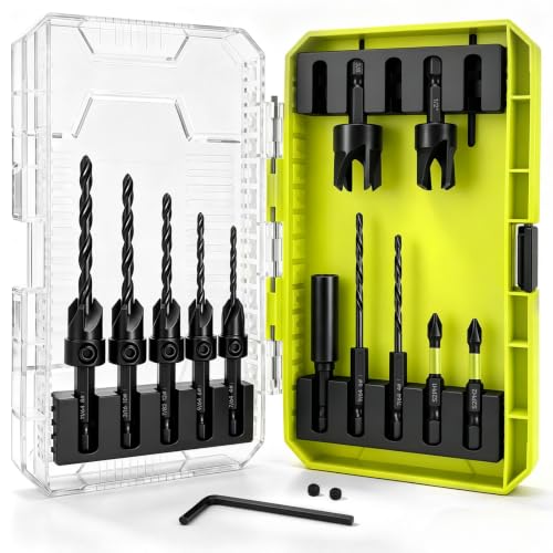SEESE Countersink Drill Bit Set: 15 PCS Depth-Adjustable Tapered Drill Bit Set with 1/4" Quick-Change Hex Shank, 2PCS Wood Plug Cutters and Storage Case for Woodworking