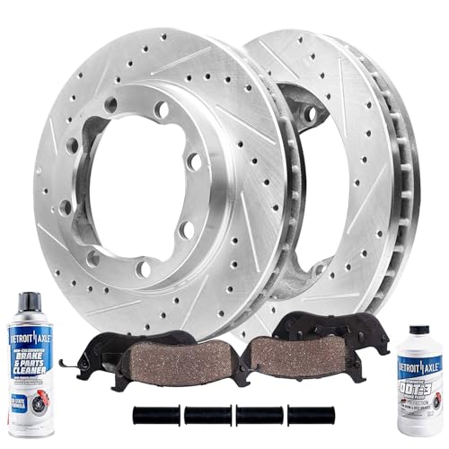 Image of Detroit Axle - Front Brake Kit for 1994-1999 Dodge Ram 2500 3500 | 1990-2000 Chevrolet GMC K3500 Drilled & Slotted Disc Brake Rotors Ceramic Brake Pads 1995 1996 1997 1998 1999 Replacement