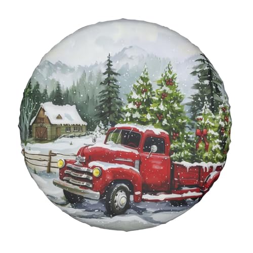 Image of Watercolor Christmas Red Truck Spare Tire Cover for Rv Trailer Camper- Cute Xmas Winter Waterproof Wheel Protectors Cover Universal Fit for Truck SUV Travel New Year Outdoor-14 inch
