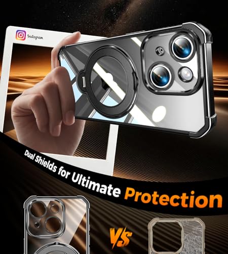 Image of Soft Case for iPhone 14 /13 with 360 Rotating Magnetic Stand, Compatible with Mag-Safe, 4X MIL-Drop Protection, Lightweight Glossy Anti-Yellowing Clear Back Phone Cover for iPhone 13 /14, Black