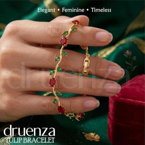 Image of druenza Tulip Bracelet for Women Stylish | Gold Plated Floral Crystal Jewellery | Elegant Adjustable Chain Bracelet for Girls Stylish | Trendy Daily Wear Party Jewelry Gift for Women & Girls