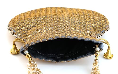 Image of Potli Bag Golden work wedding potli for ladies Gift for women handbags traditional Indian Wristlet with Drawstring Ethnic Embroidery Fashion Potli.