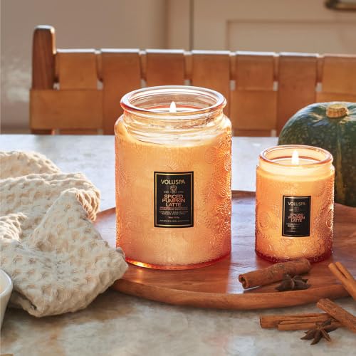 Image of Voluspa Spiced Pumpkin Latte Large Scented Candle Jar 18 Oz, 100 Hr Burn | Coconut Wax Blend in Decorative Glass, Clean Even Burn, USA Handcrafted Gift for Hosts, Fragrance Lovers & Relaxed Rooms