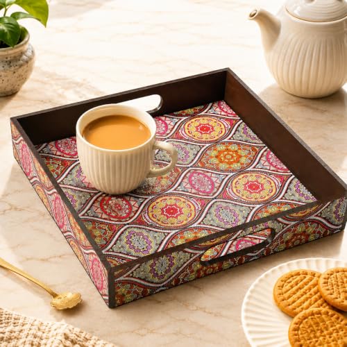 Image of GKD Wooden Serving Tray - Royal Blue Mandala Design - 11x11 Inch MDF Tea, Coffee, Breakfast Tray - Square Tray for Home Decor, Dining Table, Kitchen & Gifting