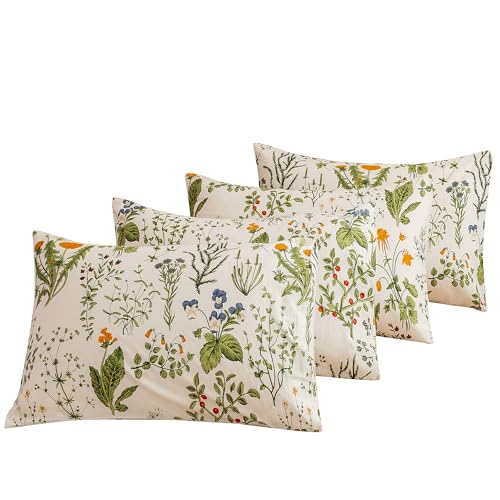 Image of ECOCOTT 4 Pack Pillowcase Queen Size with Green Botanical Floral Leaves Pillow Cases Set, 100% Cotton Queen Pillow Covers Envelope Closure (Queen, 20 inchx30 inch)