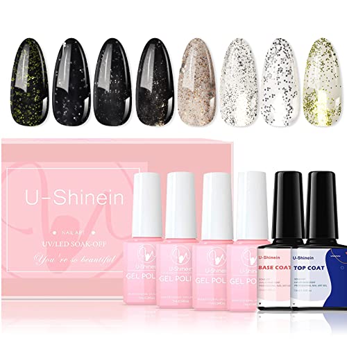 U-Shinein 6PCS Glitter Gel Polish Kit, Silve Golden Yellow Black Nail Polish Gel with Base Coat and Top Coat Gel, Glitter Nail Polish Gel Soak-off DIY Nail Art Manicure Nail Gel