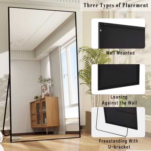 Image of BEAUTYPEAK 76 inchx34 inch Rectangle Full Body Floor Mirrors, Full Length Mirror Hanging or Leaning, Aluminum Alloy Frame Wall Mirror for Bedroom, Dressing Room, Black