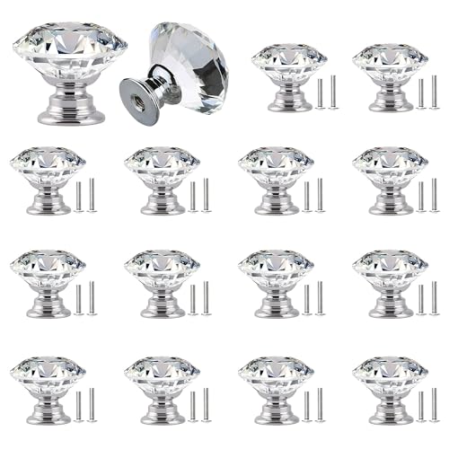 YEYIT Boutons de meubles en cristal 16 pièces Diamant verre de cristal Bouton d'armoire 30 mm Boutons de placard Bouton de porte Boutons de tiroir Boutons...