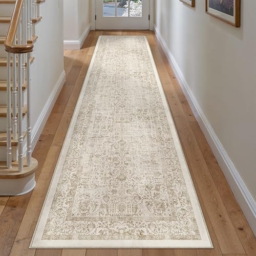 Light Brown Runner Rug 3x10 Hallway Machine Washable Kitchen Vintage Distressed Non Slip Long Carpet Indoor Retro Floral Bedroom Accent Throw Rug for Bathroom Office Laundry Dining Room