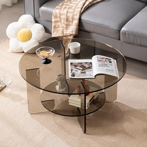 Mesa de Centro Redonda de Acrílico, Mesa Central Minimalista Moderna con Estante De Almacenamiento, Mesita de Cóctel Circular de 2 Niveles para Sala de Estar(80cm/31inch, Gray)