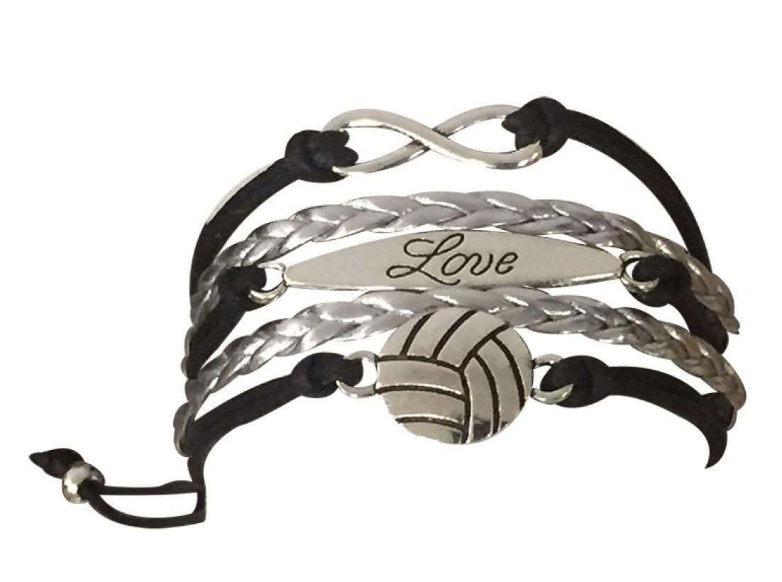 Sportybella Volleyball Bracelet, Black and Silver Adjustable Infinity Love Charm Bracelet, Volleyball Jewelry and Accessories, Gift for Teens, Players, and Teams