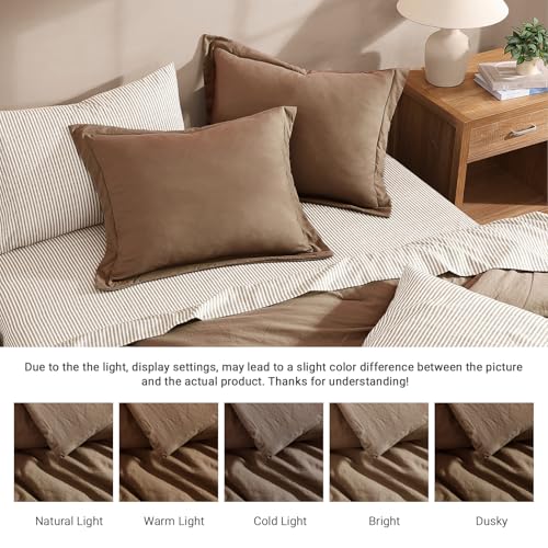 Image of Monbix King Size Comforter Set- 7 Pieces Soft Bed in a Bag King Bedding Set | All Season Brown Prewashed Comforter with Striped Sheets, Pillowcases & Shams