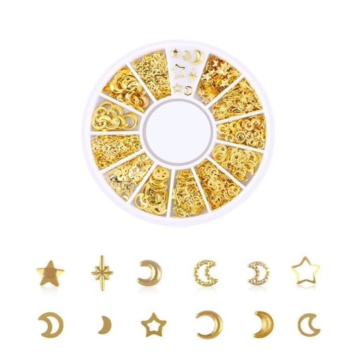 1 Box Mixed Gold Nail Charms Set Gold Nail Studs Gems Sparkling Rhinestones Metal Rivets Charms Hollow Moon Star Hearts Shaped Artificial Pearls DIY 3D Nail Art Decoration, Nail Art Rhinestones-image-9