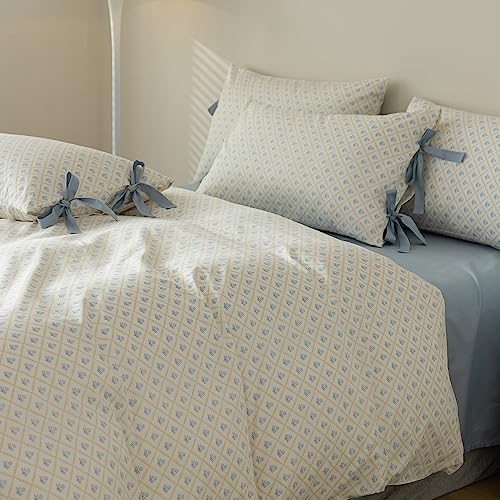 VM VOUGEMARKET White Blue Duvet Cover Twin Garden Style Blue Flower Duvet Cover 100% Cotton Grid Comforter Cover with 2 Bow Ties Pillowcases Botanical Cottagecore Bedding Sets