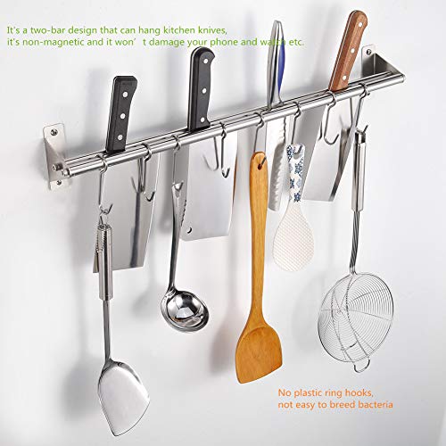 Funan Mountain Stainless Steel Wall Shelf，Kitchen Knife Holder Storage Stand，Stainless Steel Wall Pot Lid Rack With 8 Hooks（2.67*23.62） #TOP1