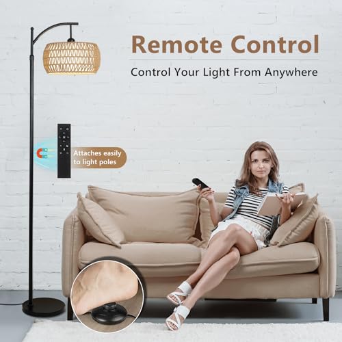 Image of Arc Floor Lamp with Remote Control, Dimmable LED Floor Lamp with 3 Color Temperature, Black Standing Lamp with Rattan & Fabric Double Drum Shade, Boho Farmhouse Tall Pole Lamp for Living Room Bedroom