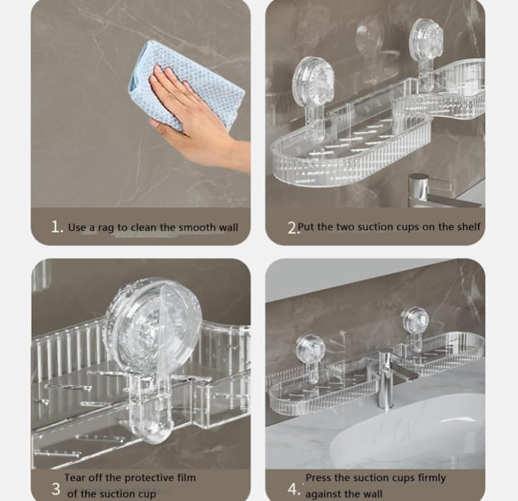 Étagère De Rangement à Ventouse Pour Lavabo - 38,5x10,5x10,5 Cm, Gris Transparent, Sans Perçage, évacuation Eau