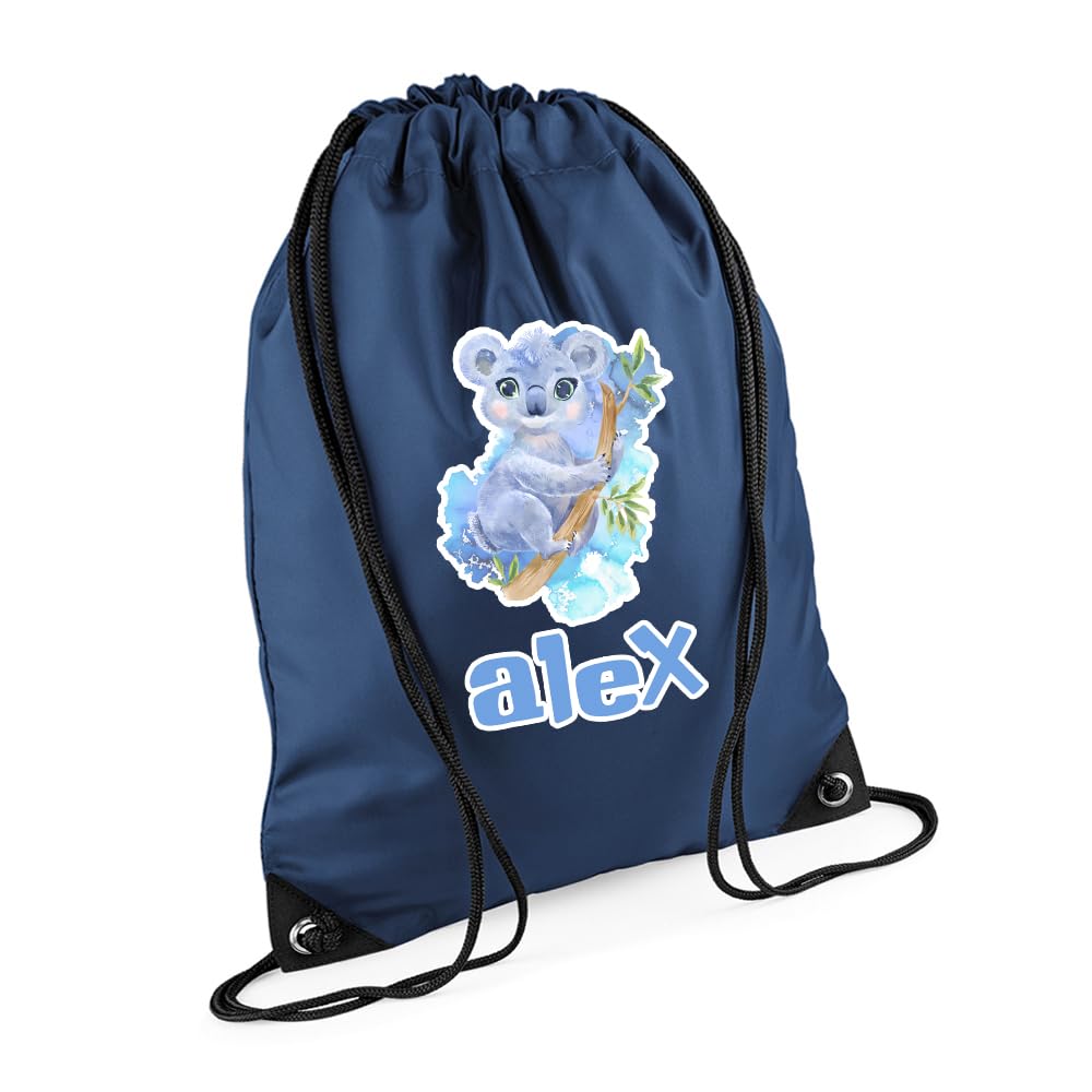Getagift Personalized Cute Watercolour Koala Drawstring Bag for Kids, Back to School, Waterproof Sports Backpack, PE Kit Bag, Gym and Swimming Bag, Sport Rucksack. (French Navy)