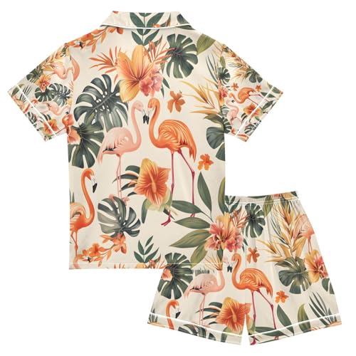 senya Colorful Leafs and Flamingos Satin Summer Pajama Sets Silk Short Sleeve Button Down Sleepwear2
