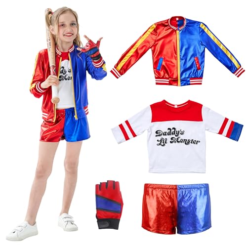 Udekit Disfraz de Cosplay de superhéroe con camiseta, chaqueta, pantalón, guantes y pulseras para Harley niño pequeño, chico, adolescente, chica, XX-Grand