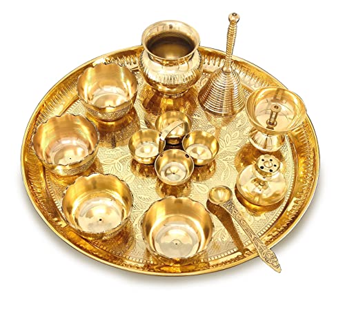 NOBILITY Brass Pooja Thali Set 12 Inch with Pital Puja Plate Kalash Bowl Spoon Haldi Kumkum Stand Ghanti Piyali Diya Arti Thali for Diwali Home Office Mandir Wedding Return Gift Items