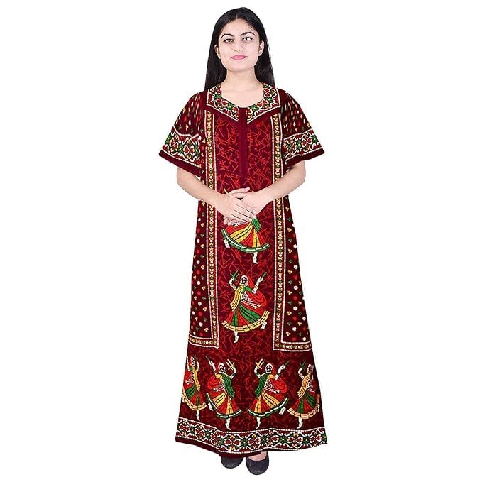 Image of NILOUFO Women's Cotton Printed Maxi Nighty - Pack of 2 | Soft Ankle-Length Sleepwear Gowns for Women | Free Size Night Dresses (Maroon,Blue, Free Size)