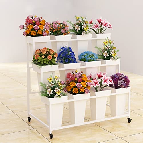 FKKPRVAX Flower Display Stand with 12pcs Bucket,Heavy Duty Plant Stand with Wheels,33in Tall Flower Cart 3 Tier Flower Shelf for Florist Garden Patio (White)
