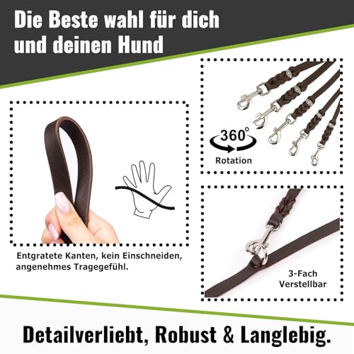 Hundeleine Leder 2m kleine Hunde leicht Fettlederleine [3-Fach Verstellbar] Lederleine geflochten – robuste Leine Hund mit Chrombeschlägen – Führleine Hund & Freihandleine zum Umhängen, Braun 10mm