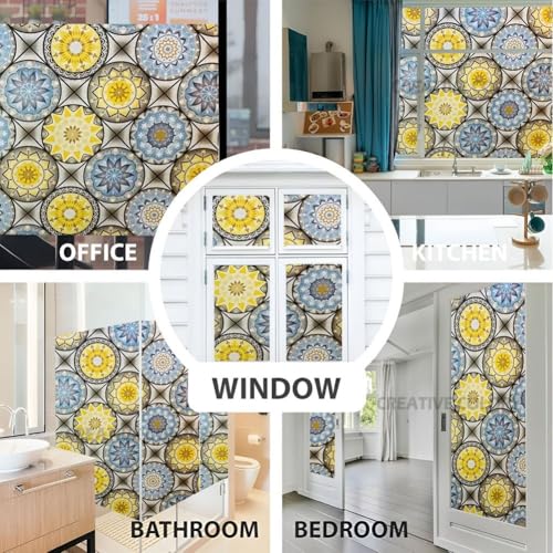 Image of Vinyl Privacy Mandala Window Glass Film (24x360 Inch) - Self-Adhesive Decorative Sticker Opaque Sheet Tint Wallpaper for Glass Cover Window, Door, Office, Home.| Anti-UV. Yellow Blue