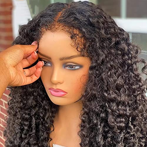 QUINLUX WIGS Deep Curly Human Hair Wigs 13X6 Transparent Lace Wig Pre Plucked Bleached Knots With Curly Baby Hair 180 Density Brazilian Remy Glueless Lace Wig for Women Pre Plucked Bleached Knots
