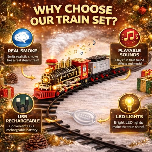 Image of Choo-Choo Electric Train Toy for Kids | Rechargeable Engine with Passenger & Cargo Coaches | Smoke, Sound & Light Effects | Railway Track Gift Set for Boys & Girls
