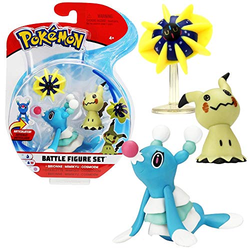 PoKéMoN Selección Battle Figures | Conjunto de 3 Juego de Figuras de Acción, Figuras del Juego:Brionne. Mimikyu & Cosmoem