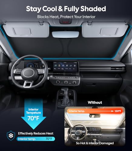 Image of Wigoo for Hyundai Kona Windshield Sunshade [OEM Design, 100% Sun Blockage] Foldable Heat Insulation Sun Shade with Storage Bag, for Hyundai Kona (2018-2026), Silver Coating