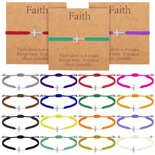 Tondiamo 16 Set Friendship Cross Bracelet Bulk Jesus Christian Adjustable Handmade Braided Bracelet with Card for Women Men Easter Baptism Graduation BFF Lucky Gifts
