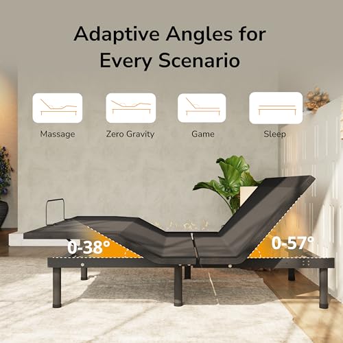 Image of Full Adjustable Bed Frame with Remote & Massage,Head and Foot Incline,Dual USB Ports&Night Light,3 Height-Adjustable Legs,Zero Gravity,5 Min Easy Assembly