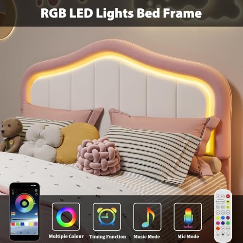 Image of GarveeLife Upholstered Platform Bed Frame with Storage Drawers, Smart RGB LED Crown Headboard, Wooden Slat Support, No Box Spring Needed, Noise-Free, Easy Assembly for Kids,Full Pink&White
