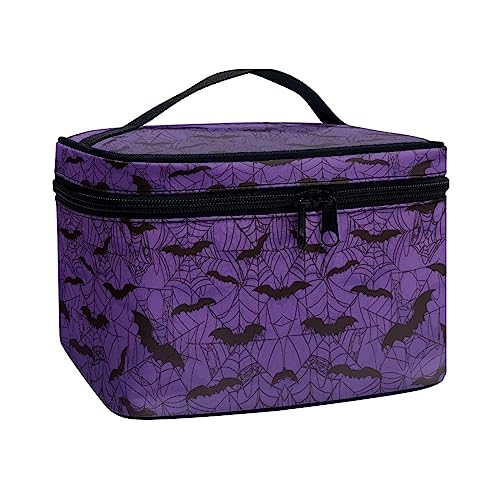 Drydeepin Gothic Halloween Purple Spider Web Bag Bats Print Makeup Bag Travel Cosmetic Bag with Zipper and Handle Portable Large Capacity Toiletry Case for Women Ladies Travel Accessories