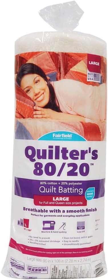Fairfield Quilter’s 80/20 Quilt Batting, Premium Cotton and Polyester Batting for Quilting, Ideal for Clothing, Crafts, Wall Hangings, and Quilts, Quilting Supplies, 90" x 108"