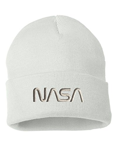 Go All Out One Size White Cuffed NASA Worm Logo Embroidered Cuffed Knit Beanie Cap