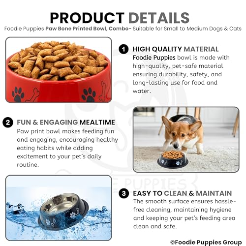 Image of Foodie Puppies Stainless Steel Dog Bowl Combo - (Medium, 700ml) Food and Water Feeding Gift Bowl | Suitable for Dogs, Cats and Other Pets I Paw Bone Print, Anti-Skid Rubber Base (Black + Red)