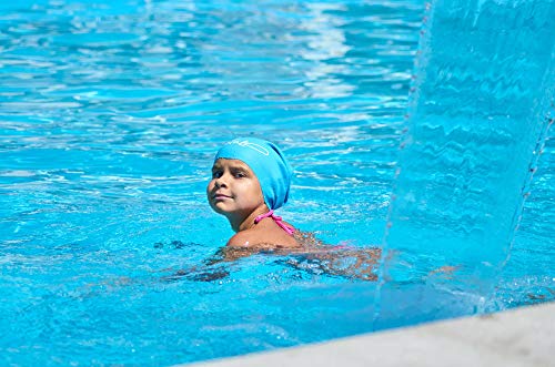 Swim Caps for Long Hair Kids - Swimming Cap for Girls Boys Kids Teens with Long Curly Hair Braids Dreadlocks - 100% Silicone Hypoallergenic Waterproof Swim Hat (Aqua Blue, X-Small) - Thumbnail 5