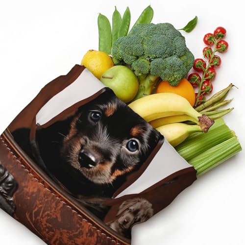 Canvas Tote Bag for Women Shoulder Tote Purse Reusable Grocery Bag Puppy sitting on brown leather crate Aesthetic Shopping Bags4