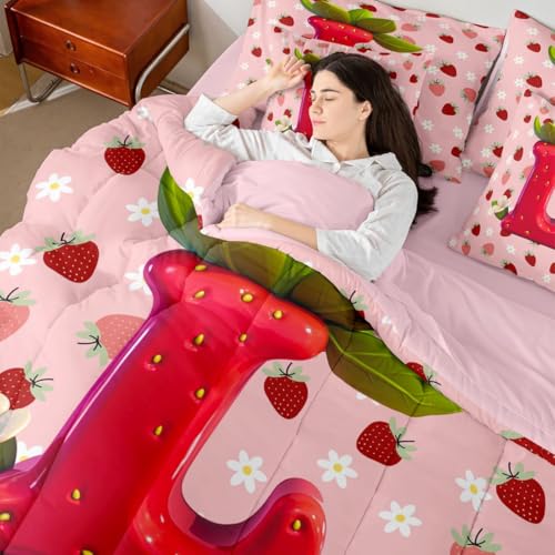 Image of Feelyou Girls Pink Red Strawberry Comforter Set Queen Size 7 Pieces Initial Letter L Bedding Set Kids Boys Girls Princess Strawberry Bed in a Bag with Comforter, Sheets, Pillowcases, Cushion Covers